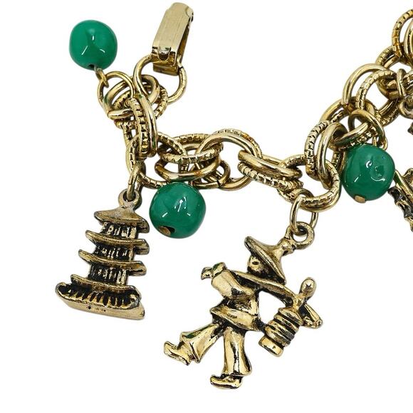 Vintage Asian Pagoda Charm Bracelet Buddha Ship Faux Jade Green Beads 1970s 7” - Picture 2 of 6